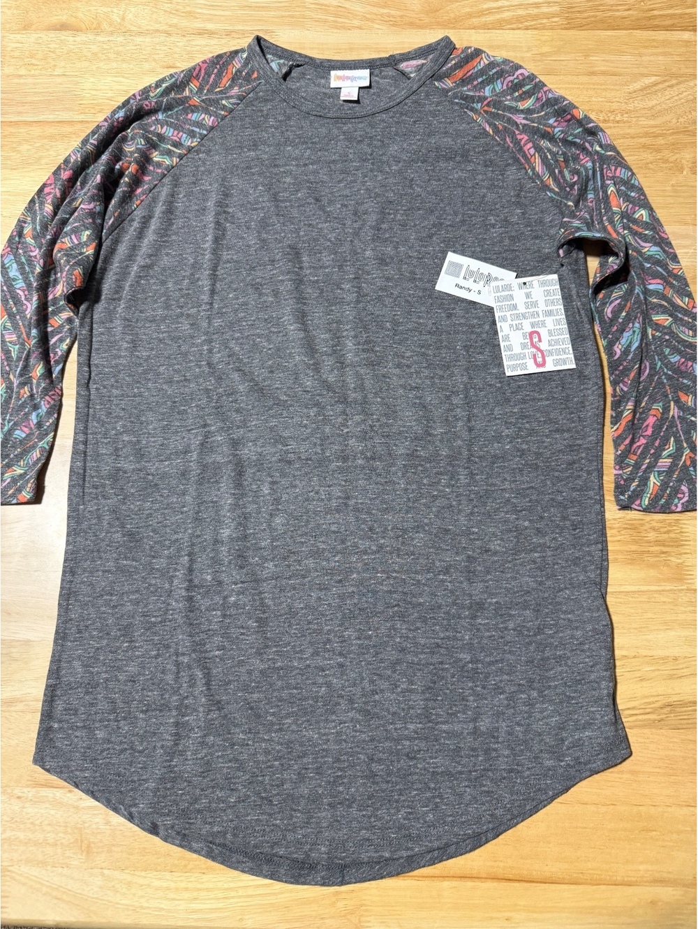 LuLaRoe Randy Women’s Small Charcoal Gray Multicolor Raglan Top NWT